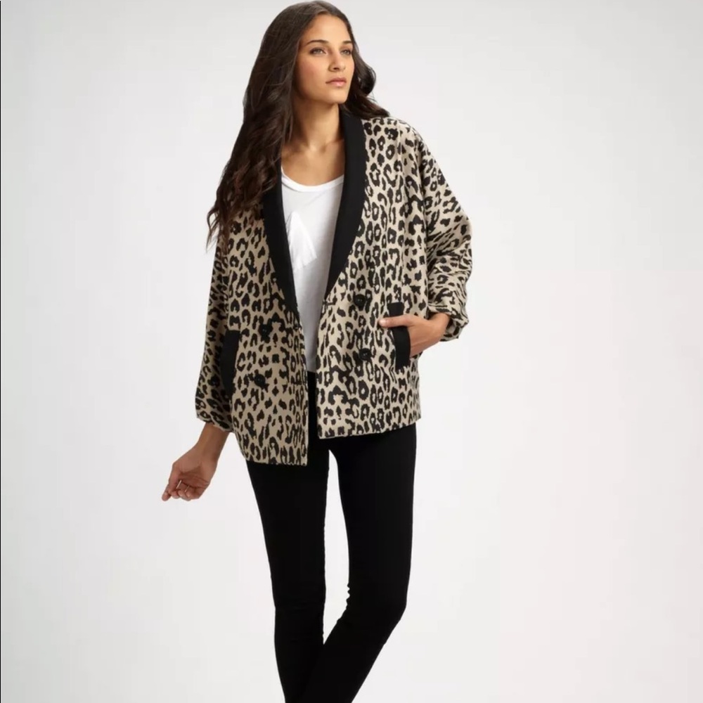 Loeffler Randall Double-breasted Leopard Blazer Jacket Coat Black Taupe Wool